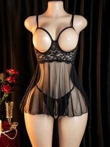 Sexy Lingerie, Hollowed Out Dress, Two Pieces Set: Dress+Thong, Women's Lingerie And Sexy Dress - 黑色 - 查看 5