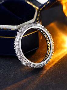 极简主义三排立方氧化锆圆形情侣戒指，几何珠宝情人节礼物 - 白色 - 查看 4