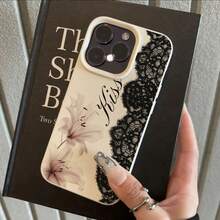 1pc TPU Material Elegant Black Lace Pink Lily Pattern Phone Case Suitable For IPhone 17 Pro Max/17/16 Pro Max/15/13/12/11, S20 FE/A15/S24/A55, Note 11/Note 12/Note 13 Pro, Full Coverage Anti-Drop Soft Protective Phone Cover - White - View 2