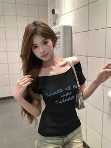 Women's Off Shoulder Short Sleeve T-Shirt With Letter Print, Summer - Black - View 2