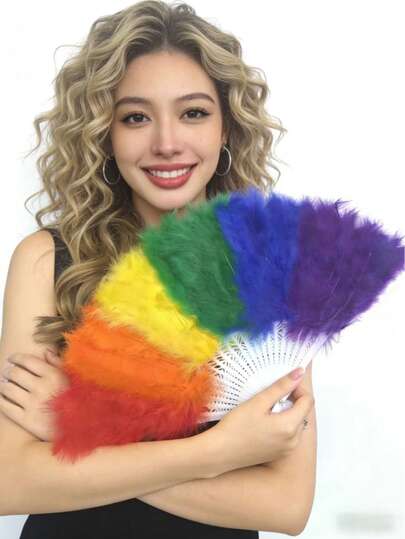 Rainbow Pride Feather Fan And Colorful Fabric Folding Fan, Full Size Velvet Hand Held Accessory, Suitable For Festival Celebrations, Carnival Parades, Stage Performances, Pride Month Party Props,Summer,Holiday