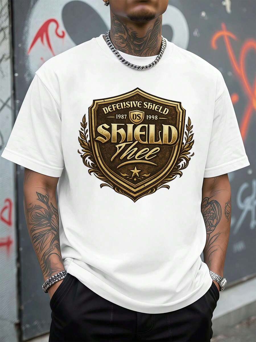 Maglietta grafica Vintage Shield autunnale, girocollo, vestibilità ampia, casual, vestibilità comoda, stampa artistica - Bianco - Visualizzare 1