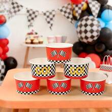 10 Stücke/20 Stücke/60 Stücke, Rennthemen Papier Schüsseln, rot-weiß karierte Pappteller, Rennthemen Eiscreme Becher - karierte Flagge & "LOS!" Dessert Schüsseln, Einweg Papier Snack Becher für Rennauto Geburtstags Party & Themen Geburtstagsfeier - Übersicht 5