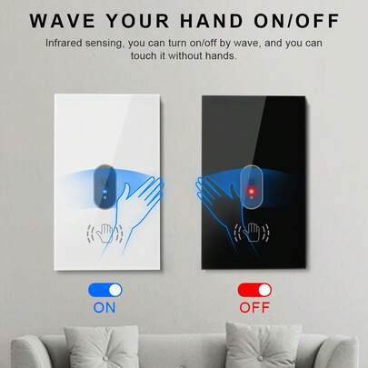 美标红外感应智能开关 - 可选WiFi或非WiFi版本，钢化玻璃面板，挥手控制，兼容Alexa/Smart Home/涂鸦智能，支持App远程控制和定时，适用于400W LED/白炽灯，无需零线，阻燃PC材质