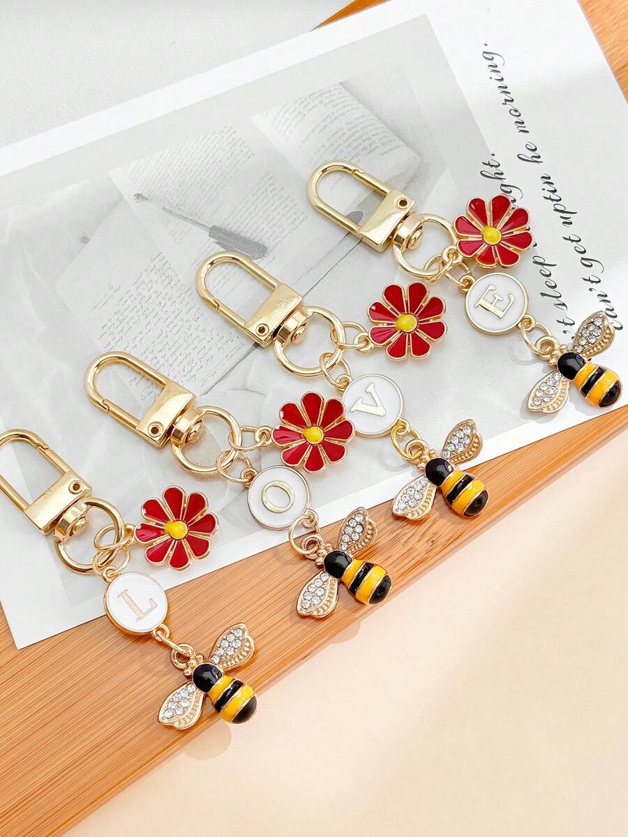 1pc Unisex A-Z Letter Stainless Steel Keychain, Minimalist Letter, Flower, Ladybug Design, Gift For Friends, Bag Pendant - Multicolor - View 1