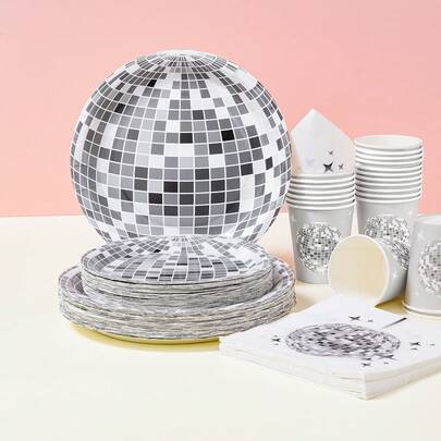 Bộ đồ dùng ăn uống dùng một lần họa tiết quả cầu disco, đĩa tiệc 7/9 inch, đĩa giấy dùng một lần, khăn ăn, cốc, thích hợp cho các dịp lễ, đám cưới, lễ đính hôn, sinh nhật, tiệc tùng, sự kiện kỷ niệm.