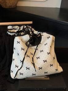 Niche Polka Dot Canvas Bag With Bow Detail, Sweet And Girly Style, Drawstring And Pleats, Suitable For Everyday Student Commuting, Shoulder Bag. - White - View 6