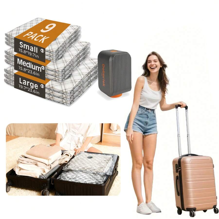 9pcs USB Electric Pump Travel Vacuum Storage Bags, Compression Seal Bags For Luggage & Handbag, Save Clothes Space