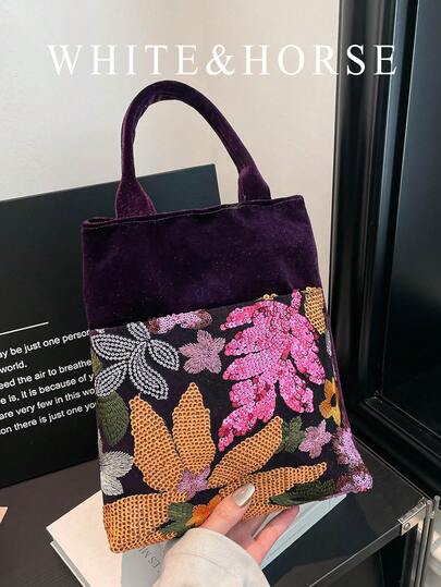 New Chinese Style Sequin Handbag, Small Tote Bag For Women, Color Blocking Vintage Bucket Bag Design