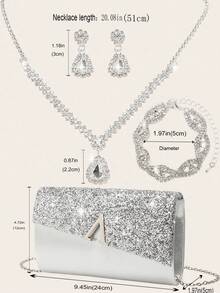 4 Pieces Rhinestone Jewelry Set Bling Necklace Earrings Bracelets Set For Wedding Clutch Purses Bag For Women Evening Glitter Dinner Bag Envelope Clutch Bag Wedding Party Bridal Purse Women's Evening Ball Clutch Party Wallet New Wedding Party Bridal Purse ﻿ - Silver - View 11