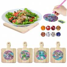 4件套钻石画杯垫，图案包括海豚、海龟、蝴蝶和曼陀罗，木质材质，带手柄防滑杯托，适用于厨房、餐厅，也可作为感恩节礼物。 - 查看 14