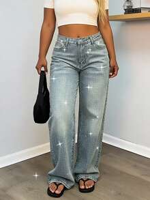 Women's Casual Loose Straight Leg Rhinestone Embellished Maxi Pants - Light Wash - View 6