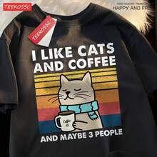 Vintage T Shirts I Like Cats And Coffee Men Women T-Shirt Cotton Tee Clothes Hip Hop Loose Tshirt Fashion Crewneck T-Shirt Streetwear Couple Best Gift, Patterned Short Sleeve T-Shirt Graphic T Shirt - màu đen - Xem 1