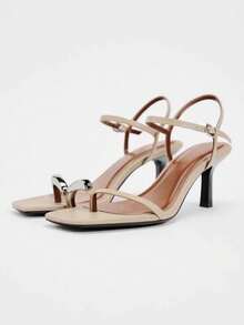 Square Toe Minimalist Sexy Thong Sandals, Buckle Strap Thin Heels, Elegant Lady Style, Spring - Beige - View 1