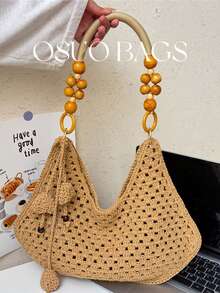 优雅度假风镂空钩编单肩包，串珠木柄手提包，大容量复古沙滩度假包 - 卡其色 - 查看 2