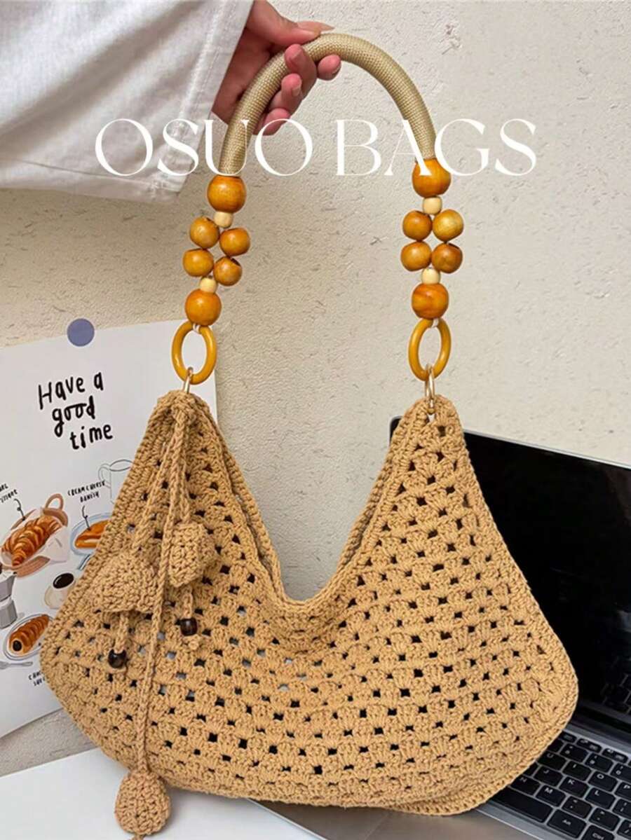 优雅度假风镂空钩编单肩包，串珠木柄手提包，大容量复古沙滩度假包