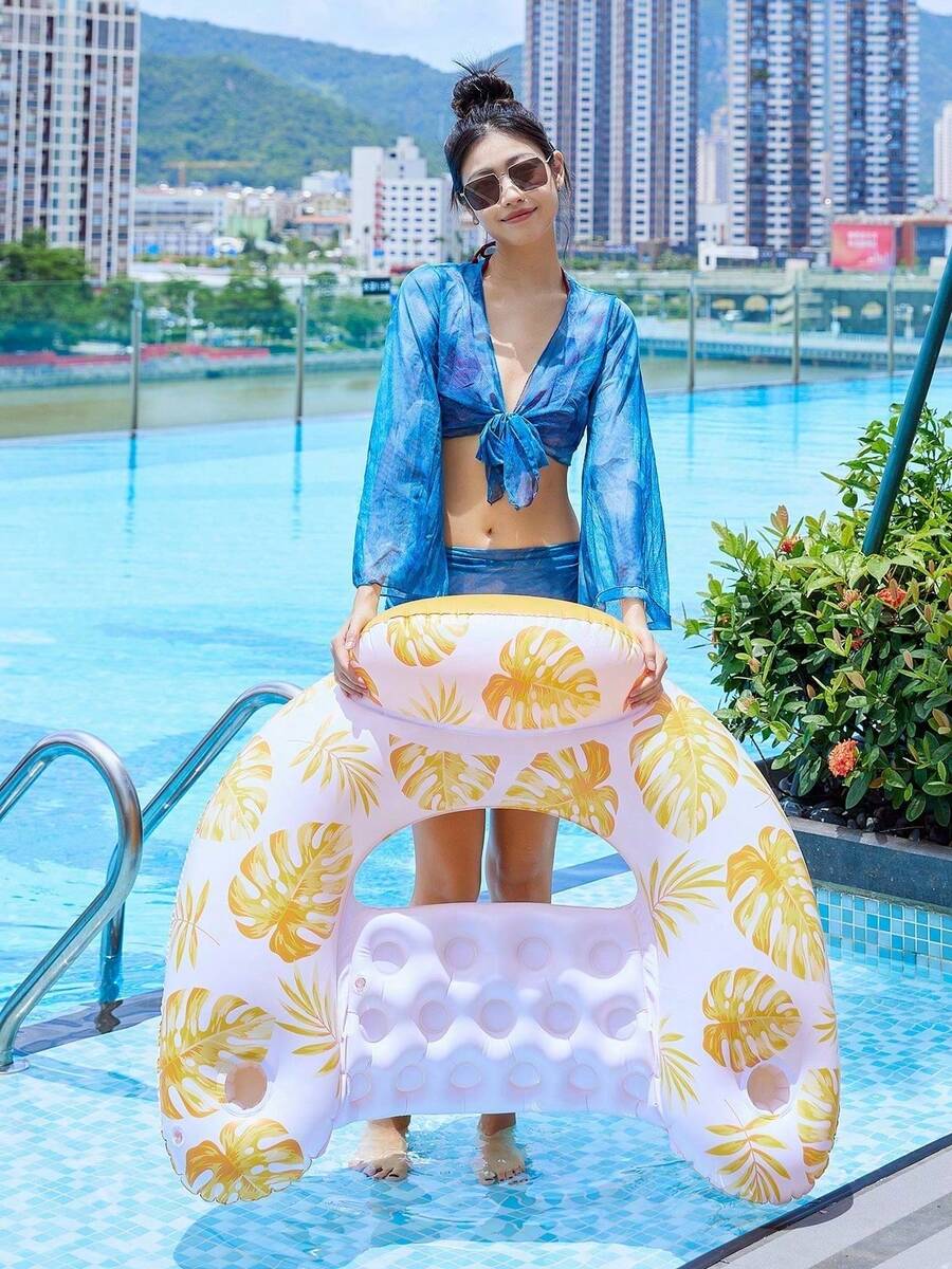 Maple Leaf Pattern Inflatable U-Shaped Floating Chair, Simple Water Recreation Floating Board, Maple Leaf PVC Inflatable Floating Board, Inflatable Water Floating Chair With 2 Cup Holders, Foldable Maple Leaf U-Shaped Floating Bed, Water Leisure Chair, Pool Party, Beach Entertainment