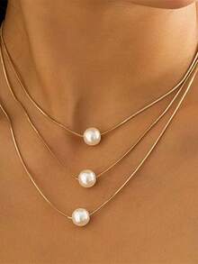 2pcs Fashionable Versatile Elegant 3-Layer Faux Pearl Pendant Necklace, Geometric Thin Chain Necklace Suitable For Women's Daily Wear, Gift - Yellow Gold - View 5