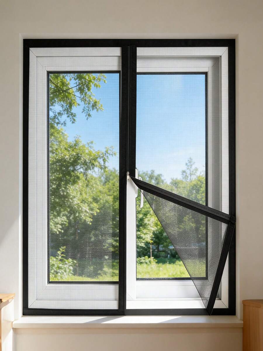 Black Zipper Window Screen Set, No-Drill Hook & Loop Install, Breathable Mosquito Net, Removable & Reusable For Home Windows - Black Zipper Screen - View 1