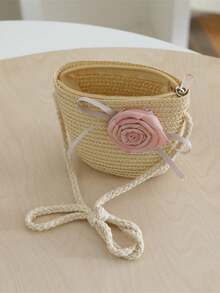 Girls' Straw Hat With Ribbon Flower, Wavy Brim Fashion Sun Hat, Summer Accessory Set - Roses - View 5