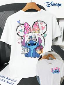 Disney Double-Sided Print & Front & Back, Disney Stitch Print Crew Neck T-Shirt, Casual Fashion Short Sleeve T-Shirt, Micro-Elastic, Non-Transparent, Easy To Care Material, Ideal For Casual Attire, Women's Clothing - trắng - Xem 1