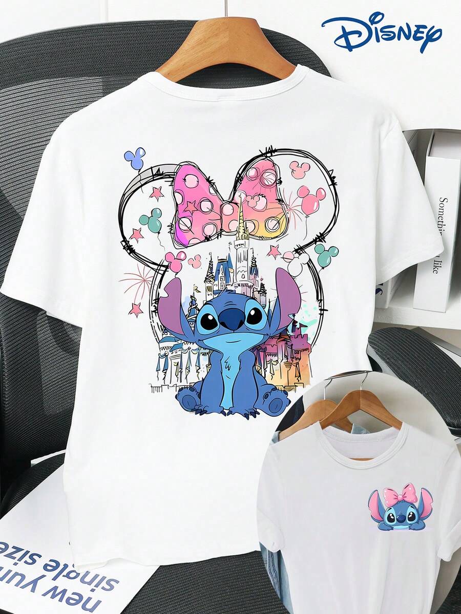 Disney Double-Sided Print & Front & Back, Disney Stitch Print Crew Neck T-Shirt, Casual Fashion Short Sleeve T-Shirt, Micro-Elastic, Non-Transparent, Easy To Care Material, Ideal For Casual Attire, Women's Clothing - trắng - Xem 1