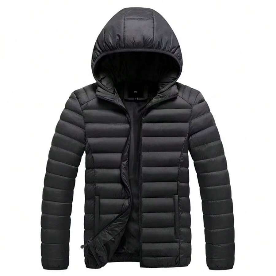Men's Waterproof Nylon Puffer Jacket With Pockets And Hood - 黑色 - 查看 1