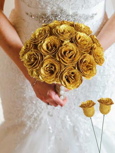 12/20 piezas Ramo de rosas con brillo de 2.76 pulgadas, ramo de flores artificiales con brillo DIY, flores artificiales doradas, rosas artificiales, ramo de rosas artificiales con brillo eterno, adecuado para aniversario, compromiso, regalo de boda, decoración del hogar, decoración de oficina y cocina, decoración de fiesta, decoración de habitación, decoración del Día de San Valentín, decoración del Día de la Madre, regalo de cumpleaños para novia/madre (incluye papel de embalaje)