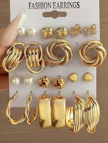 22 piezas Juego de aretes de metal en forma de C asimétricos para mujeres - Amarillo Oro - Ver 2