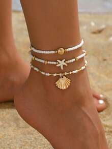 3pcs Starfish & Shell Beaded Anklet, Versatile Summer Beach Vacation Style, Unique High-End Layered Anklet For Teens & Women - Multicolor - View 6