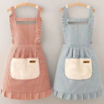 1 Piece Of Fashionable Cotton And Linen Striped Apron, Half Body Apron, Household Kitchen Oil Proof Apron, And Dirt Resistant Household Cover
