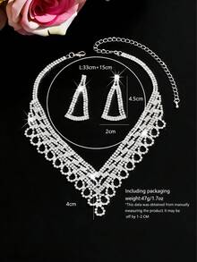 2pcs Silver Jewelry Set, Lace Crystal Necklace + Teardrop Earrings, Fashionable Design, Party Dress Accessory, Easter/Graduation Gift - Silver - View 3