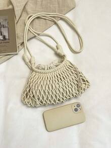 French Hollow Out Niche Casual Large Capacity Woven Shoulder Tote Bag, Minimalist Artistic Spring/Summer New Beach Vacation Style Crossbody Bag - Beige - View 7