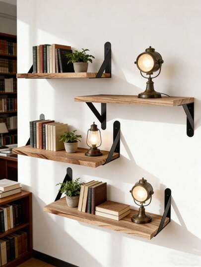 1pc/3pcs Large Capacity 30cm/40cm/50cm INS Style Wooden Wall Shelf With Metal Bracket, Thoughtful Design (Anti-Slip & Sturdy), Flexible Display For Books, Succulents, Candles, Decorative Flowers, Mugs, Magazines, Minimalist Linear Shape With Layered Design