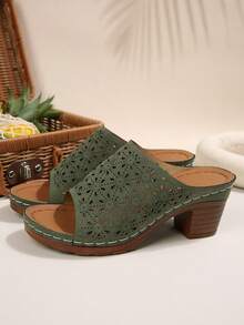 Vintage Hollow Out Chunky Heel Slide Sandals, Open Toe Mules, Casual High Heels - Navy Blue - View 2