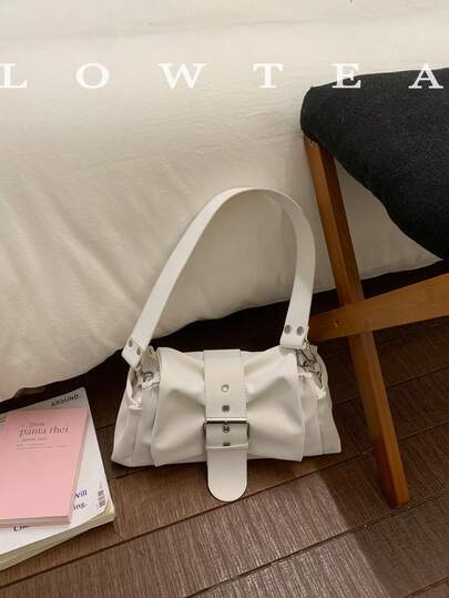  1pc Low Tea Solid Color PU Leather Shoulder Bag, Women's Retro Fashion Pillow Shoulder Bag, Top Single Handle Design, Snap Closure, Suitable For Travel, Shopping, Dating, Women's Gift, Great For Commuting, Outdoor, Travel, Hiking