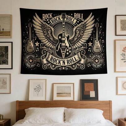 1 件高清数码印花挂毯，图案包含摇滚、吉他、翅膀和音符元素，材质为涤纶。非常适合装饰卧室、客厅、冥想空间和办公室的墙壁。也适用于房间装饰、旗帜、挂毯、墙面装饰、壁画和教室装饰。
