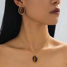 Bộ trang sức cao cấp cổ điển bằng hổ phách, mặt dây chuyền hình học bất đối xứng và bông tai dành cho nữ. - màu nâu - Xem 2