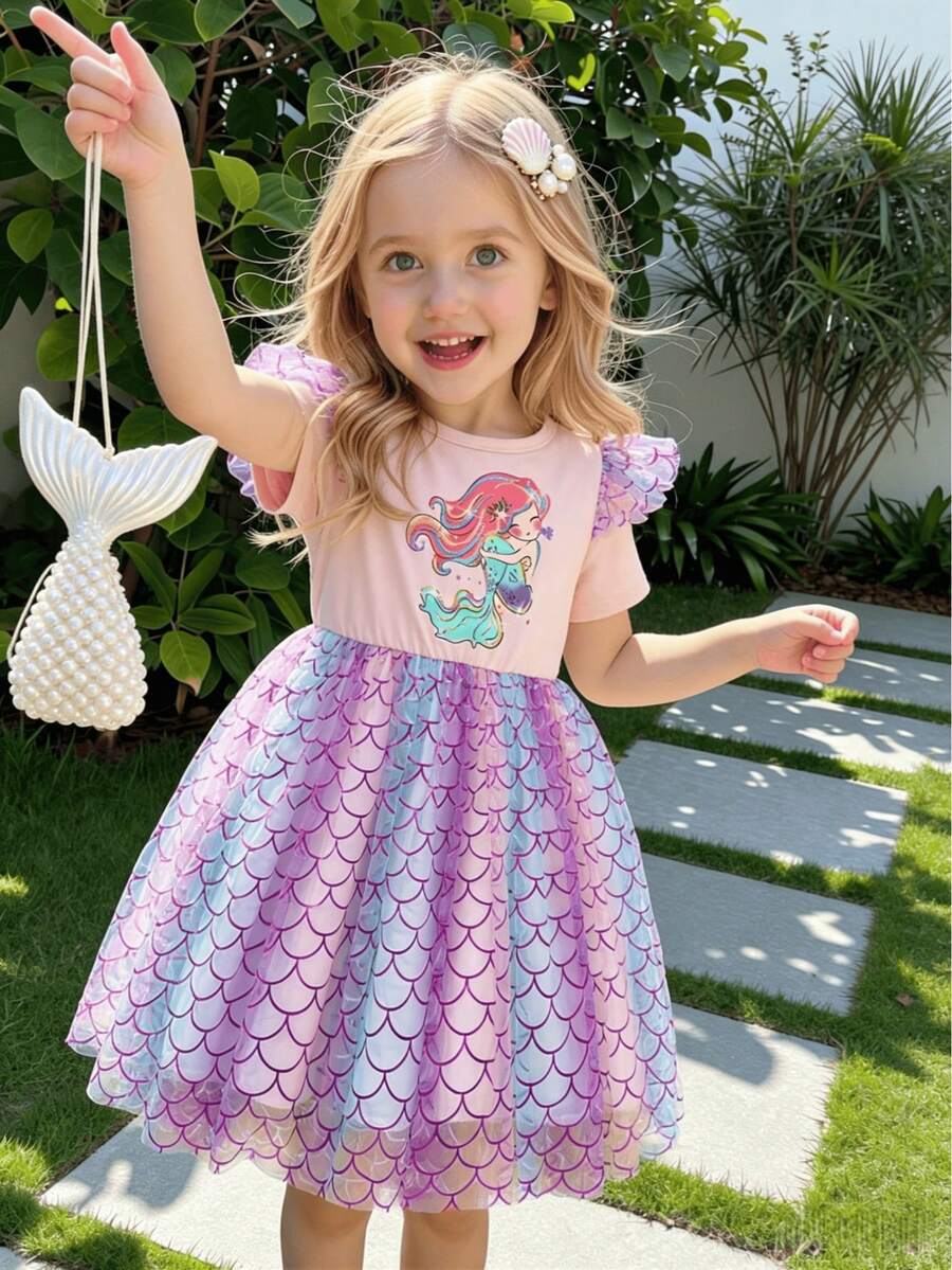 Young Girl' Mermaid Print Dress, Short Sleeve Round Neck Cute Ombre Sequin Mesh Princess Dress, Suitable For Daily Wear, Party, Summer - Pink - View 1