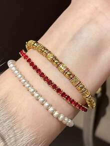 1件奢华金色红色水晶网球手链，闪亮水钻手镯，适合派对、婚礼和日常佩戴 - 彩色 - 查看 3