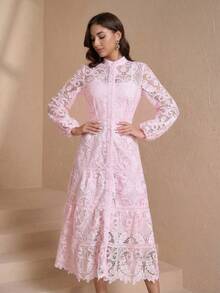 优雅立领全拉链包扣修身A字长袖连衣裙，女士粉色春季款 - 粉色 - 查看 1