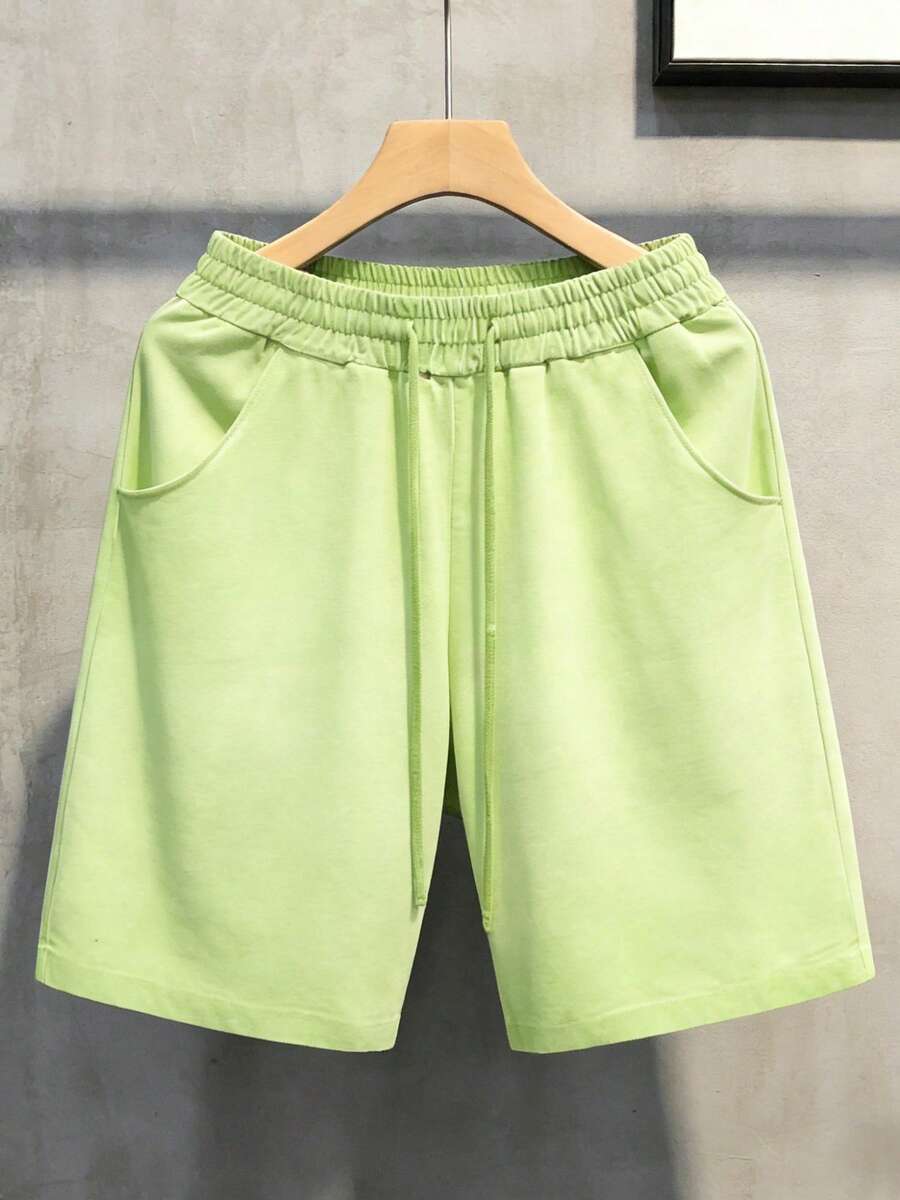 Men's Heavyweight Gradient Washed Drawstring Shorts - Casual Streetwear Elastic Waist Knee Length Shorts With Pockets - Vintage Distressed Denim Look Summer Bottoms For Men -  Y2K Inspired Relaxed Fit Casual Shorts For Daily Wear, Street Style, And Outdoor Activities - 2026 New Arrival American Fashion Essentials - 青檸色 - 查看 1