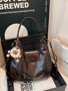 Large Capacity Retro Women's Shoulder Bag, Suitable For Shopping And Parties, Versatile Shoulder/Hand/Backpack Bag, Multiple Colors Available, Comes With Cute Plush Charm - Coffee - View 2