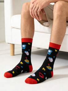 1 双男士黑红撞色游戏机图案中筒袜，四季皆宜。 - 彩色 - 查看 3