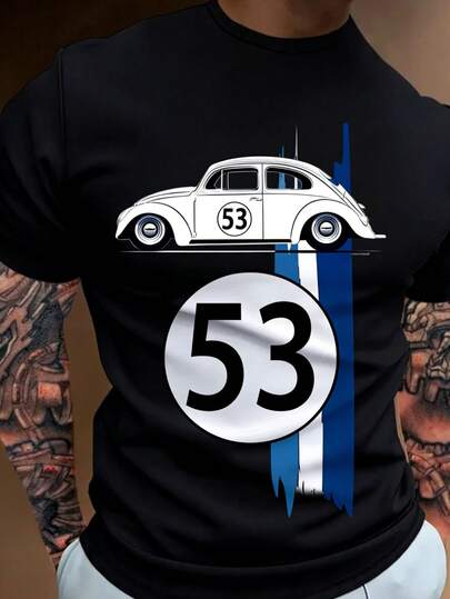 1件复古赛车图案T恤，男士休闲圆领T恤，100%涤纶针织面料，略带弹性，常规版型短袖上衣，适合夏季街头服饰
