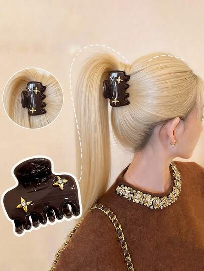 5cm Chocolate Brown Hair Claw Clip With Gold Star Rhinestone - Non-Slip Hair Accessory