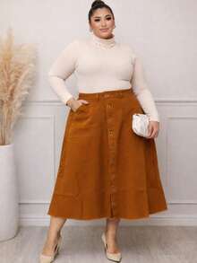 Women's Plus Size Long Denim Skirt, Flared, Caramel Color, High Waist, 100% Cotton, No Lycra - Lạc đà - Xem 2