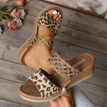 女士时尚豹纹编织一脚蹬厚底沙滩凉鞋，夏季必备 - 豹紋 - 查看 12