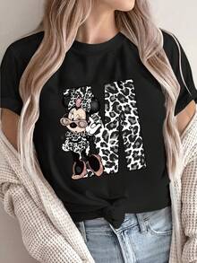 Disney Women's  T-Shirt - Minnie Face & Iconic Print Short Sleeve Tee, Casual Round Neck Blouse For Casual Attire & Themed Parties - Black - View 1