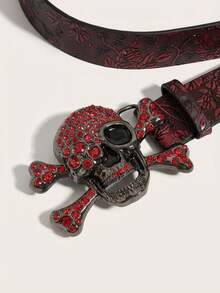 1条男士红色压纹Y2K朋克水晶扣休闲牛仔裤腰带，适合日常穿着。 - 紅色 - 查看 4